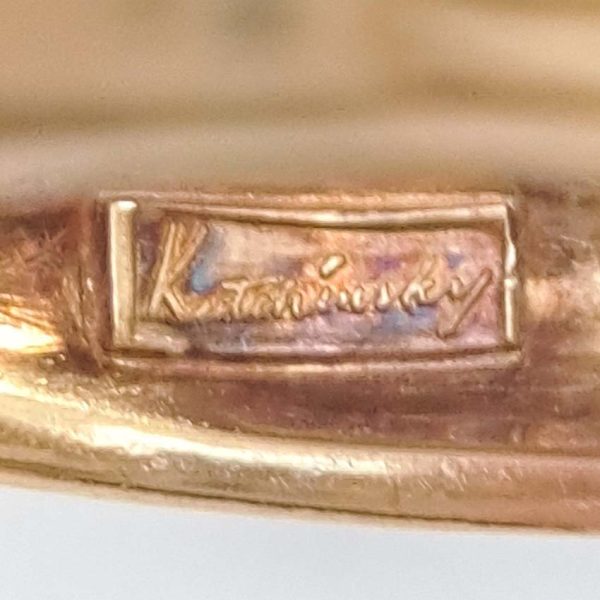 Vintage Kutchinsky Diamond Ring, tapered fluted 18ct yellow gold band to two sets of three sparkling diamonds to the front. Signed Kutchinsky, Circa 1975. Comes in a vintage Kutchinsky box