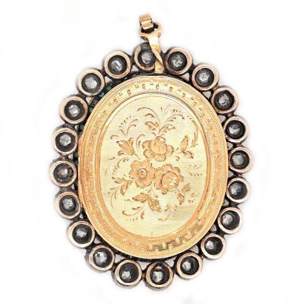 Victorian Antique Green Enamel and Diamond Locket Pendant, green enamel with rose-cut diamond surround and central design set in silver to 18ct yellow gold with floral detailed reverse panel which opens to reveal locket compartment. Comes in original antique fitted box