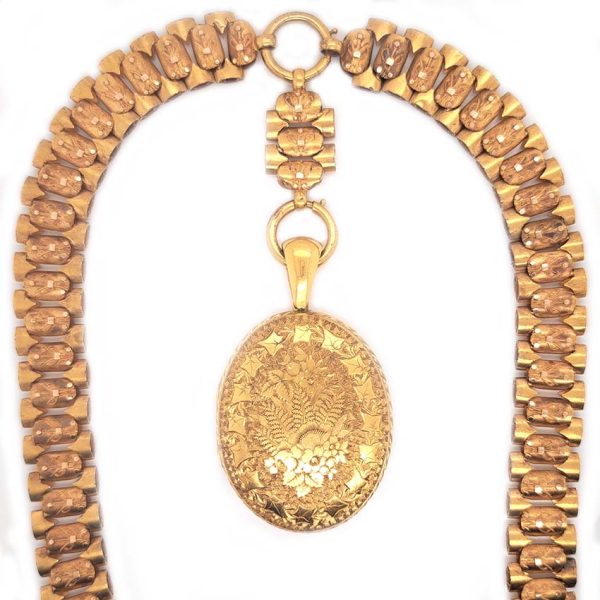 Victorian Antique Gold Chain Necklace with Locket Pendant, striking 15ct yellow gold intricate decorative chain necklace suspends oval gold locket pendant
