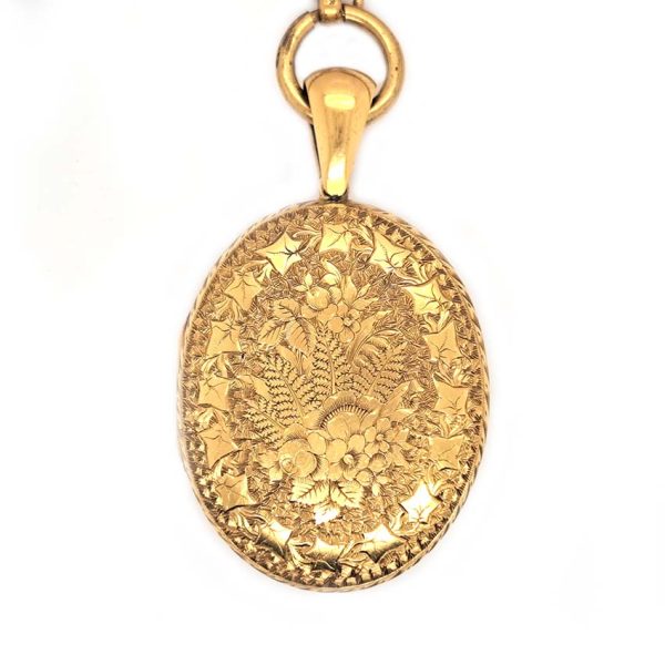 Victorian Antique Gold Chain Necklace with Locket Pendant, striking 15ct yellow gold intricate decorative chain necklace suspends oval gold locket pendant