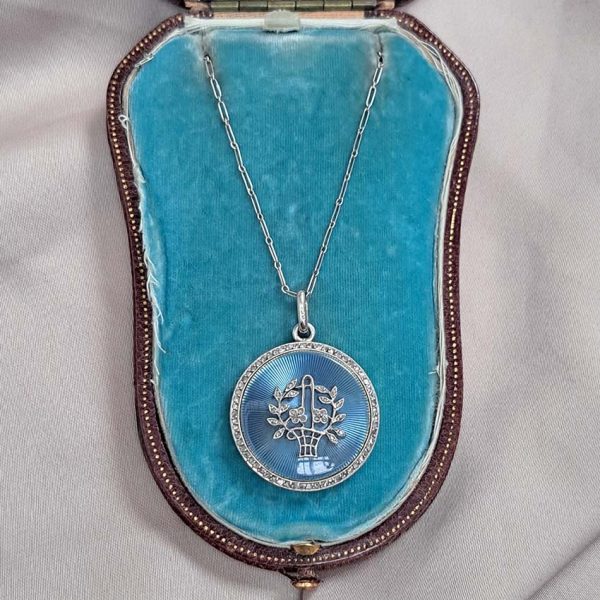 Antique Blue Enamel and Diamond Locket Pendant, cornflower blue enamel with central diamond floral pattern within diamond border. Hidden locket compartment to reverse