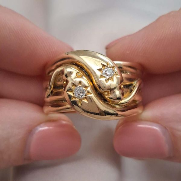 Antique Old Cut Diamond Set 18ct Yellow Gold Double Snake Wide Gents Ring, Circa 1915