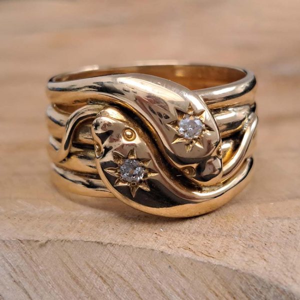 Antique Old Cut Diamond Set 18ct Yellow Gold Double Snake Wide Gents Ring, Circa 1915
