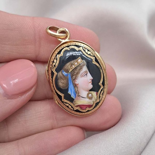 Antique Enamel and Gold Portrait Locket Pendant, 18ct yellow gold oval locket pendant, decorated with an enamel female portrait