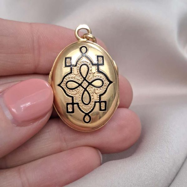 Antique Enamel and Gold Portrait Locket Pendant, 18ct yellow gold oval locket pendant, decorated with an enamel female portrait