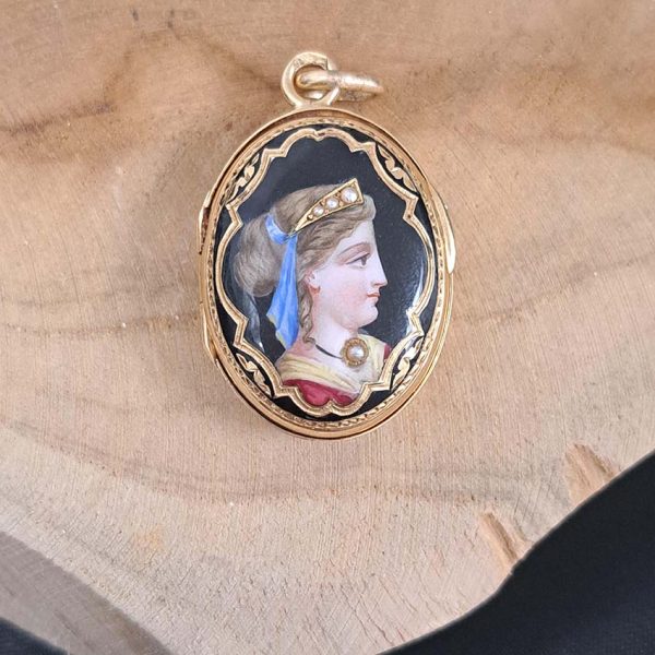 Antique Enamel and Gold Portrait Locket Pendant, 18ct yellow gold oval locket pendant, decorated with an enamel female portrait