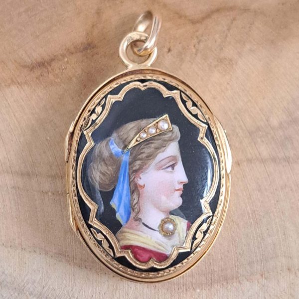 Antique Enamel and Gold Portrait Locket Pendant, 18ct yellow gold oval locket pendant, decorated with an enamel female portrait