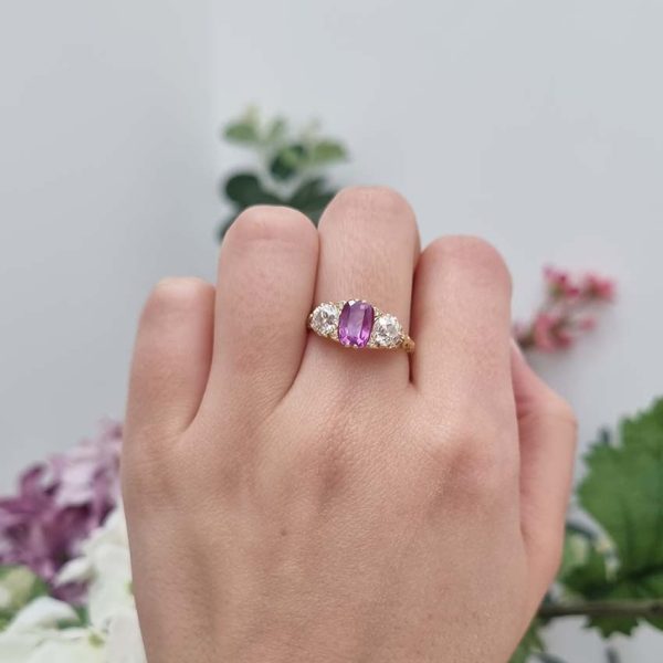 Antique 2ct Natural Pink Sapphire and 1ct Old Cut Diamond Trilogy Three Stone Engagement Ring in 18ct Yellow Gold, Circa 1880