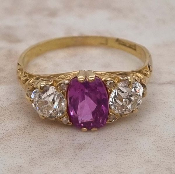 Antique 2ct Natural Pink Sapphire and 1ct Old Cut Diamond Trilogy Three Stone Engagement Ring in 18ct Yellow Gold, Circa 1880
