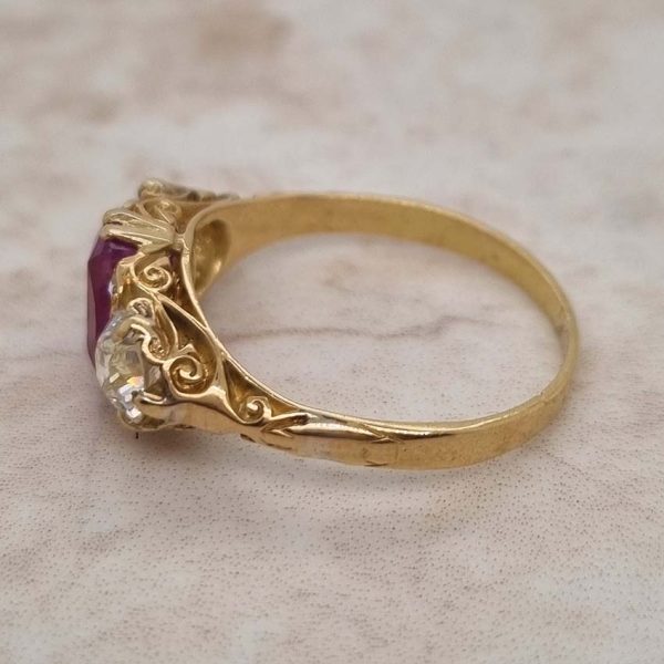 Antique 2ct Natural Pink Sapphire and 1ct Old Cut Diamond Trilogy Three Stone Engagement Ring in 18ct Yellow Gold, Circa 1880