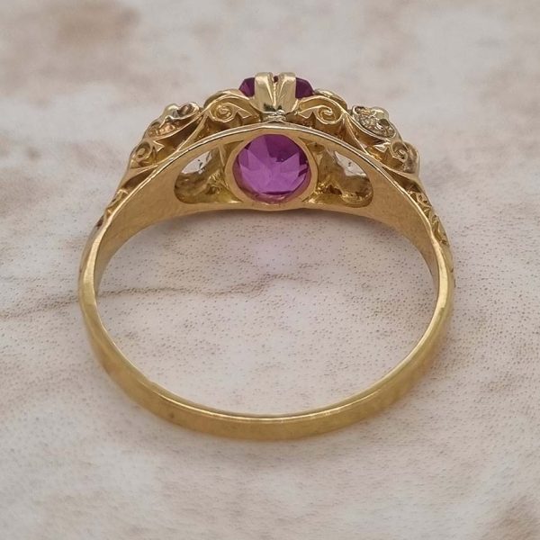 Antique 2ct Natural Pink Sapphire and 1ct Old Cut Diamond Trilogy Three Stone Engagement Ring in 18ct Yellow Gold, Circa 1880
