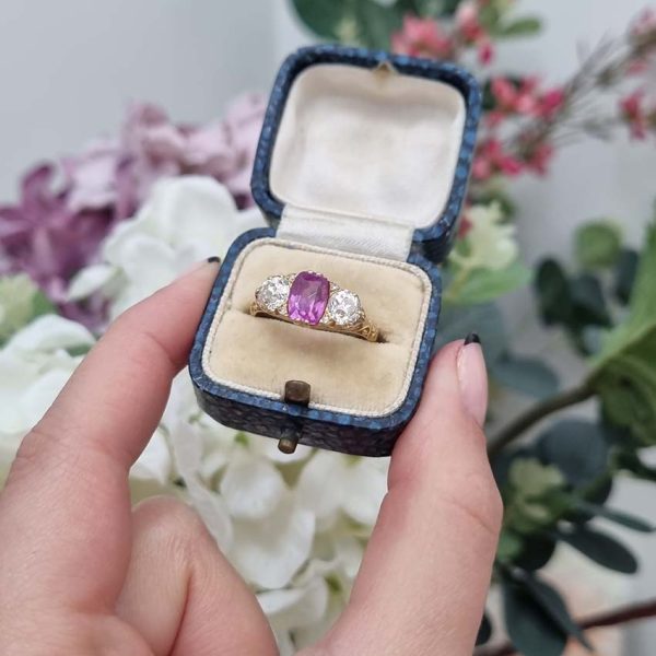 Antique 2ct Natural Pink Sapphire and 1ct Old Cut Diamond Trilogy Three Stone Engagement Ring in 18ct Yellow Gold, Circa 1880