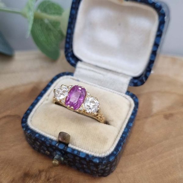Antique 2ct Natural Pink Sapphire and 1ct Old Cut Diamond Trilogy Three Stone Engagement Ring in 18ct Yellow Gold, Circa 1880