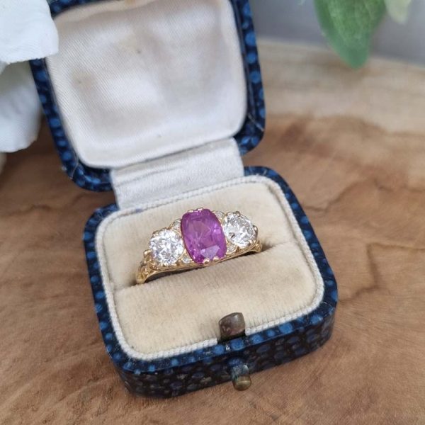 Antique 2ct Natural Pink Sapphire and 1ct Old Cut Diamond Trilogy Three Stone Engagement Ring in 18ct Yellow Gold, Circa 1880