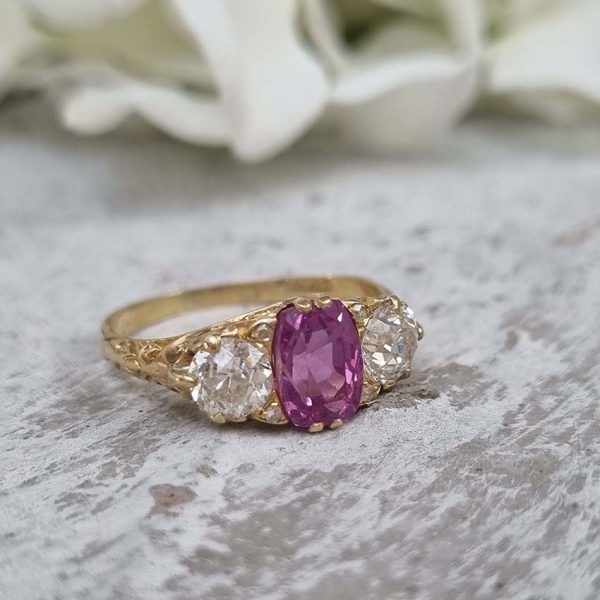 Antique 2ct Natural Pink Sapphire and 1ct Old Cut Diamond Trilogy Three Stone Engagement Ring in 18ct Yellow Gold, Circa 1880