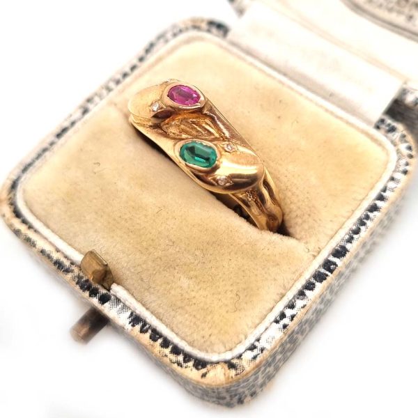 Vintage Gem Set 18ct Yellow Gold Double Snake Ring, two entwinned snakes with emerald and ruby to the head and rose-cut diamond set eyes
