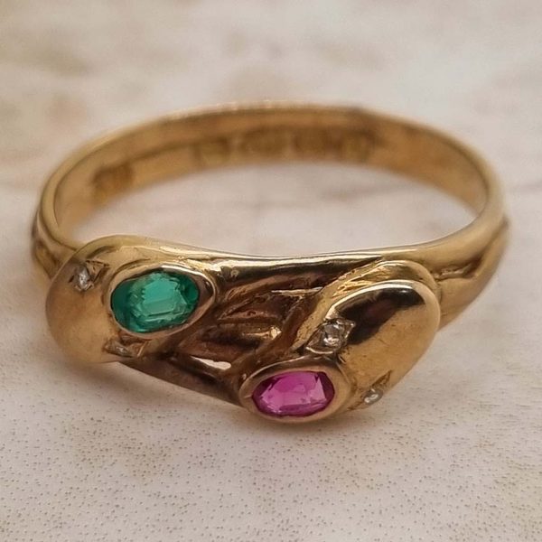 Vintage Gem Set 18ct Yellow Gold Double Snake Ring, two entwinned snakes with emerald and ruby to the head and rose-cut diamond set eyes