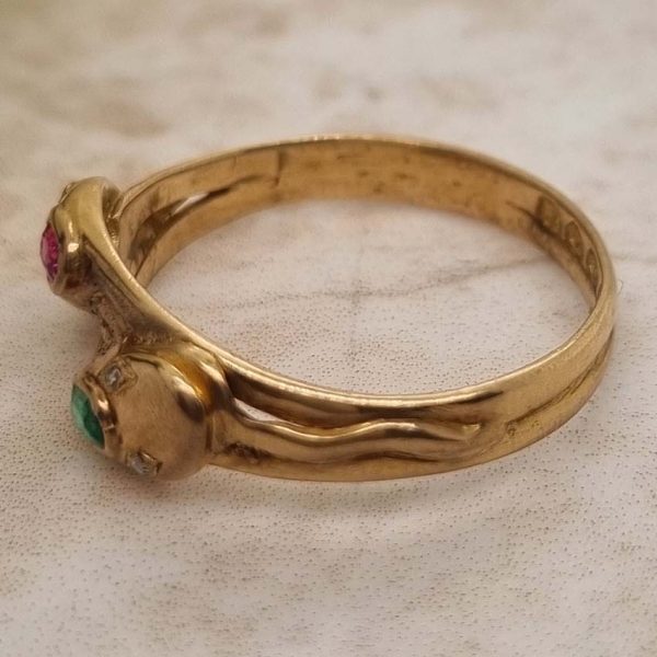 Vintage Gem Set 18ct Yellow Gold Double Snake Ring, two entwinned snakes with emerald and ruby to the head and rose-cut diamond set eyes
