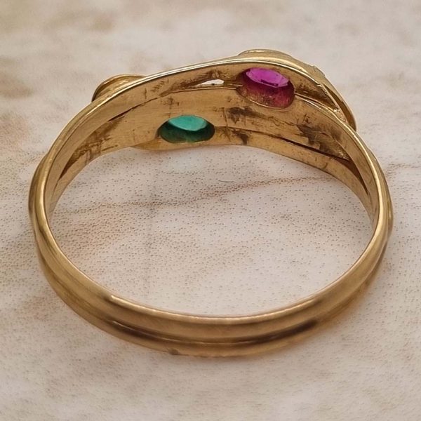 Vintage Gem Set 18ct Yellow Gold Double Snake Ring, two entwinned snakes with emerald and ruby to the head and rose-cut diamond set eyes