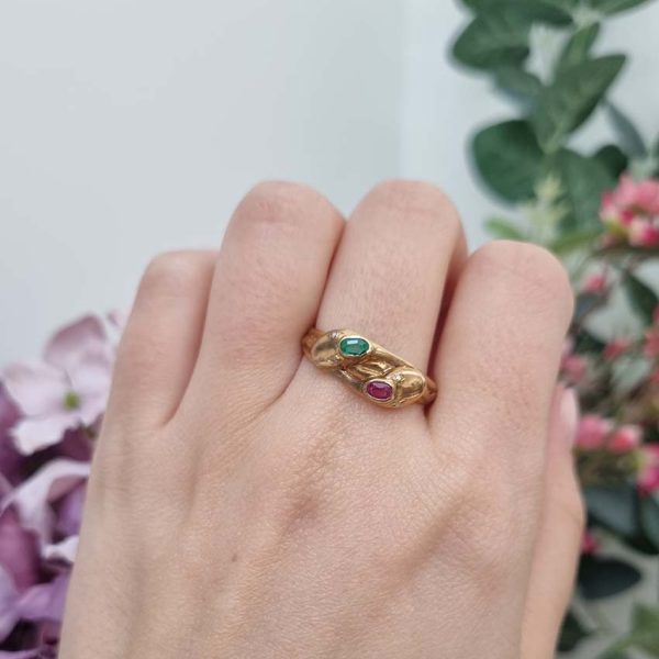 Vintage Gem Set 18ct Yellow Gold Double Snake Ring, two entwinned snakes with emerald and ruby to the head and rose-cut diamond set eyes