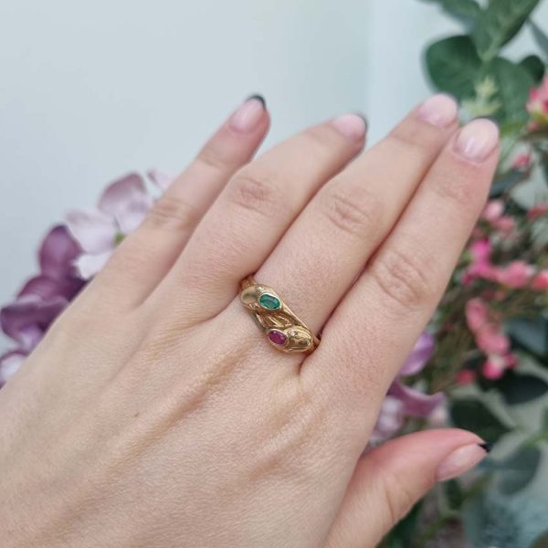 Vintage Gem Set 18ct Yellow Gold Double Snake Ring, two entwinned snakes with emerald and ruby to the head and rose-cut diamond set eyes