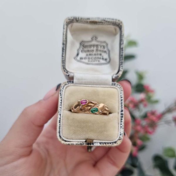 Vintage Gem Set 18ct Yellow Gold Double Snake Ring, two entwinned snakes with emerald and ruby to the head and rose-cut diamond set eyes