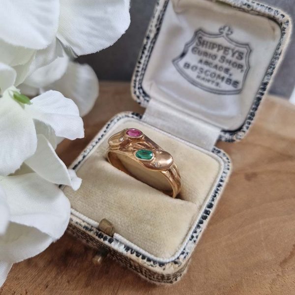 Vintage Gem Set 18ct Yellow Gold Double Snake Ring, two entwinned snakes with emerald and ruby to the head and rose-cut diamond set eyes