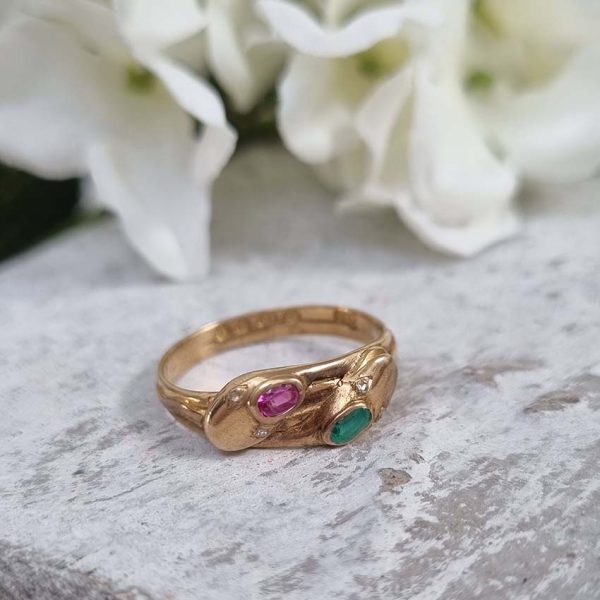 Vintage Gem Set 18ct Yellow Gold Double Snake Ring, two entwinned snakes with emerald and ruby to the head and rose-cut diamond set eyes