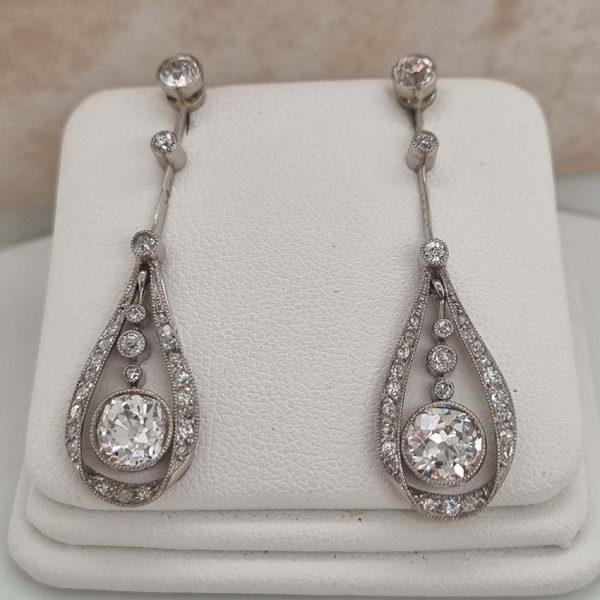 Antique Edwardian Belle Epoque Old Cut Diamond Drop Earrings, millegrain set in platinum. Circa 1900