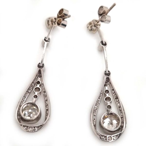 Antique Edwardian Belle Epoque Old Cut Diamond Drop Earrings, millegrain set in platinum. Circa 1900