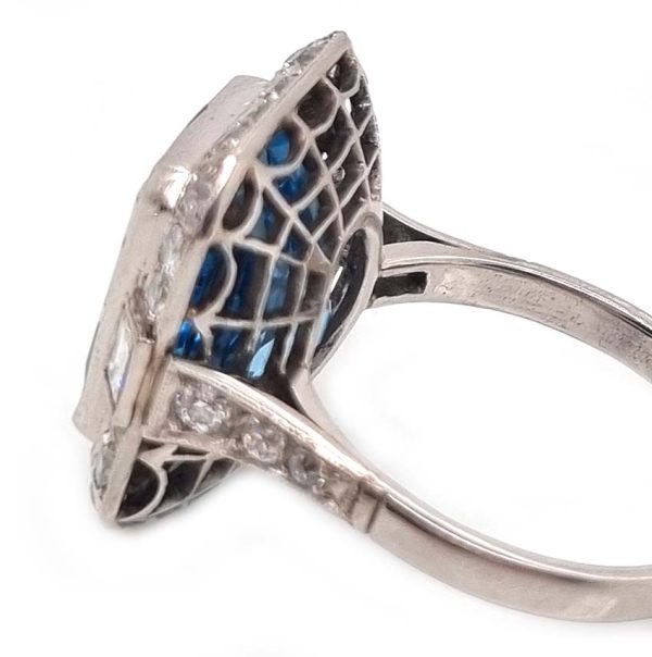 Vintage Santa Maria Aquamarine and Diamond Cluster Dress Ring, intense blue emerald-cut aquamarine millegrain set within 1ct old-cut diamond border in platinum