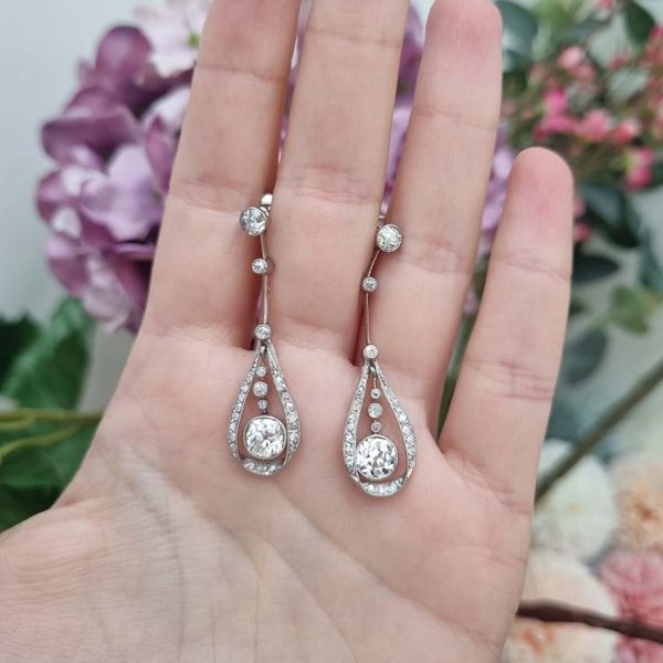 Antique Edwardian Belle Epoque Old Cut Diamond Drop Earrings, millegrain set in platinum. Circa 1900