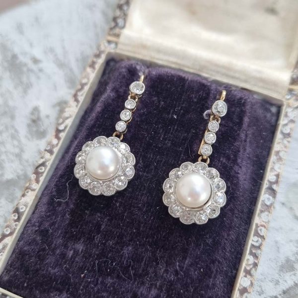 Antique Victorian Pearl and Diamond Cluster Drop Earrings, 2.80 carats