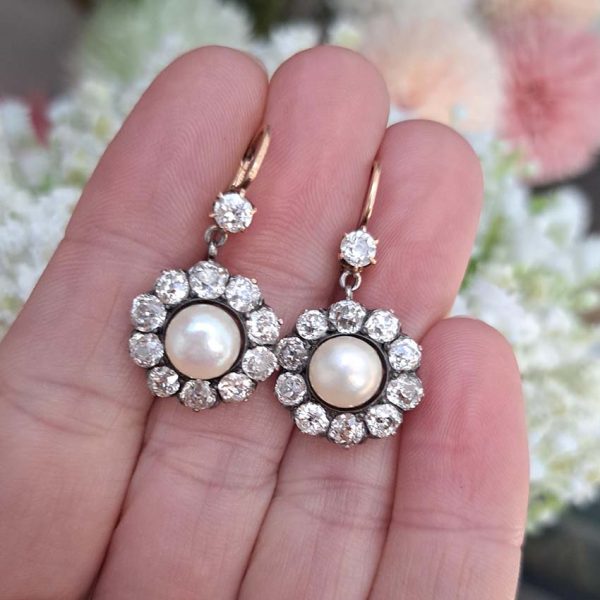 Victorian Antique Natural Pearl and 6ct Old Mine Cut Diamond Cluster Drop Earrings