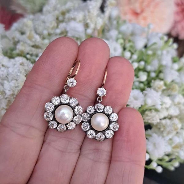 Victorian Antique Natural Pearl and 6ct Old Mine Cut Diamond Cluster Drop Earrings