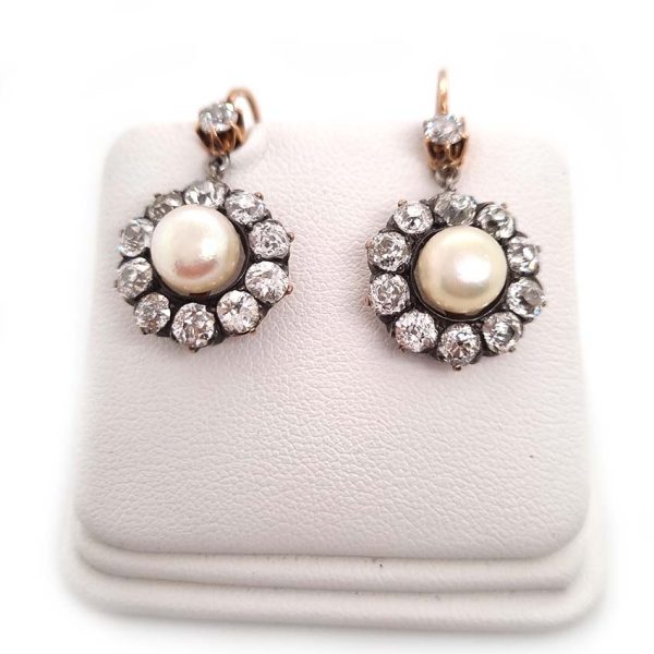 Victorian Antique Natural Pearl and 6ct Old Mine Cut Diamond Cluster Drop Earrings