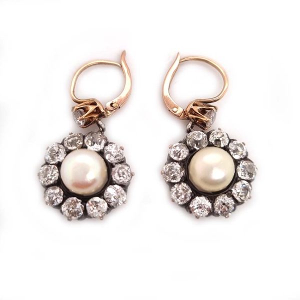 Antique Natural Pearl and 6ct Old Cut Diamond Cluster Drop Earrings, natural button saltwater pearls surrounded by 6cts old mine-cut diamonds in silver to 18ct yellow gold. Late 19th century Circa 1880