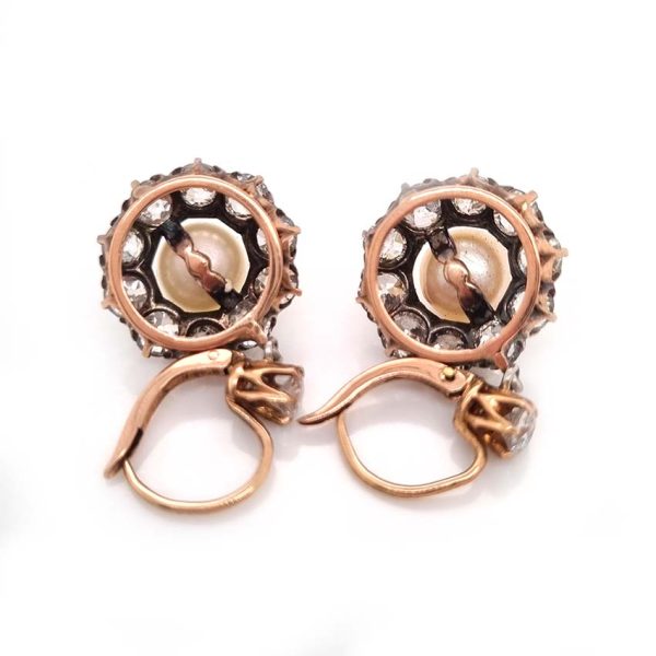 Antique Natural Pearl and 6ct Old Cut Diamond Cluster Drop Earrings, natural button saltwater pearls surrounded by 6cts old mine-cut diamonds in silver to 18ct yellow gold. Late 19th century Circa 1880