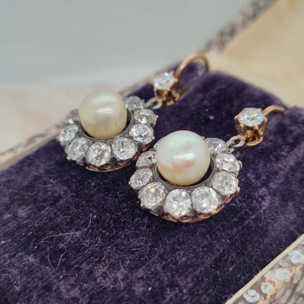 Victorian Antique Natural Pearl and 6ct Old Mine Cut Diamond Cluster Drop Earrings