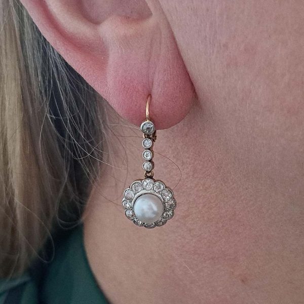 Antique Victorian Pearl and Diamond Cluster Drop Earrings, 2.80 carats