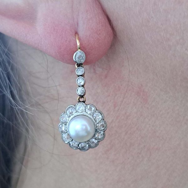 Antique Victorian Pearl and Diamond Cluster Drop Earrings, 2.80 carats