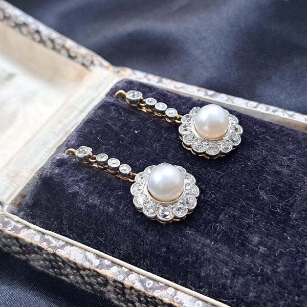 Antique Victorian Pearl and Diamond Cluster Drop Earrings, 2.80 carats