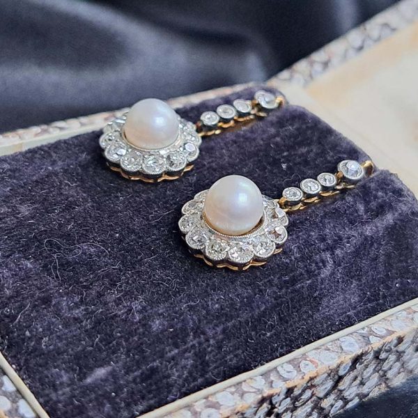 Antique Victorian Pearl and Diamond Cluster Drop Earrings, 2.80 carats