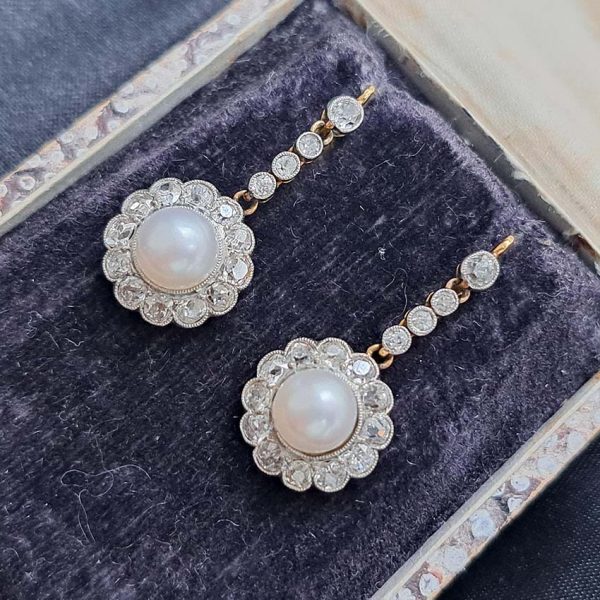 Antique Victorian Pearl and Diamond Cluster Drop Earrings, 2.80 carats