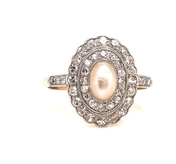 Vintage natural pearl and diamond cluster ring oval shape old cut diamonds
