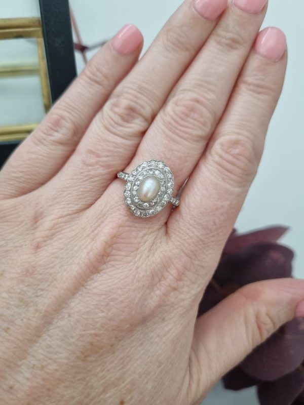 Vintage natural pearl and diamond cluster ring oval shape old cut diamonds