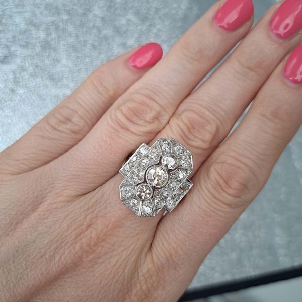 Art Deco 3ct Old Cut Diamond Trilogy Three Stone Diamond Cluster Panel Tablet Ring in Platinum and 18ct White Gold
