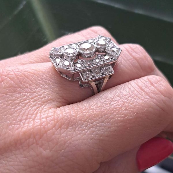 Art Deco 3ct Old Cut Diamond Trilogy Three Stone Diamond Cluster Panel Tablet Ring in Platinum and 18ct White Gold