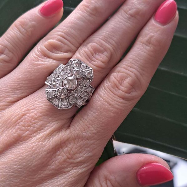 Art Deco 3ct Old Cut Diamond Trilogy Three Stone Diamond Cluster Panel Tablet Ring in Platinum and 18ct White Gold