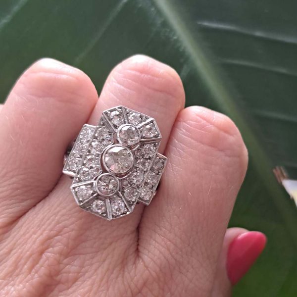 Art Deco 3ct Old Cut Diamond Trilogy Three Stone Diamond Cluster Panel Tablet Ring in Platinum and 18ct White Gold